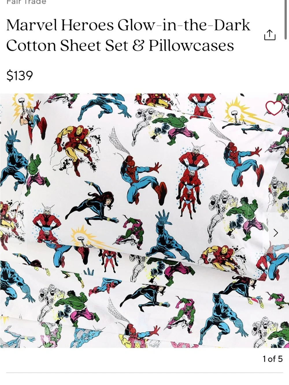 Marvel Hero Print Cotton Sheet Set - White with Red, Blue, Green, Yellow, Black